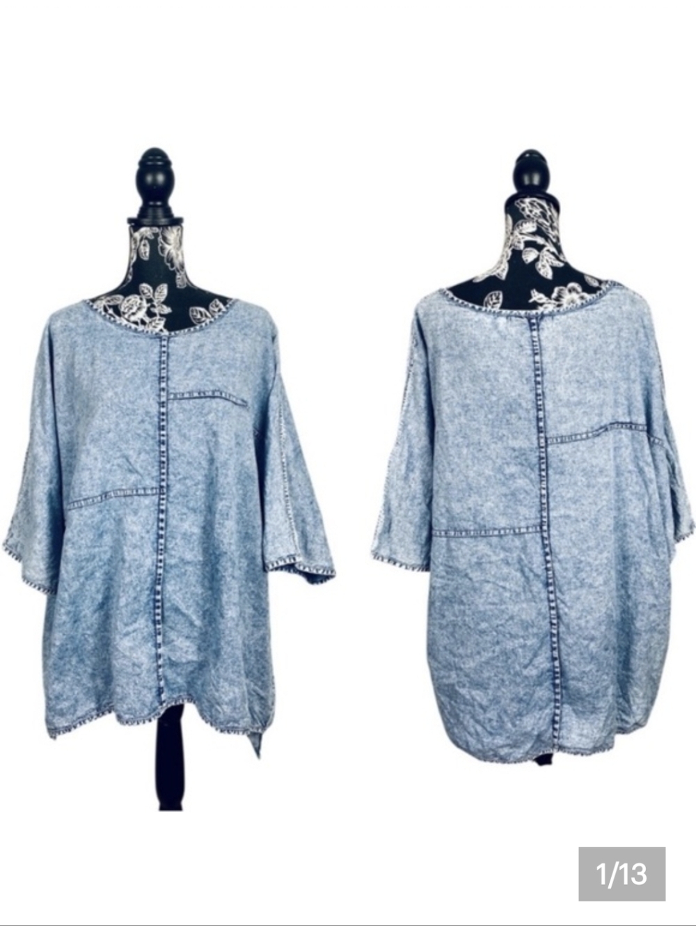 Light Blue Denim-Look Cotton Tunic Zenana Loose Chambray Top